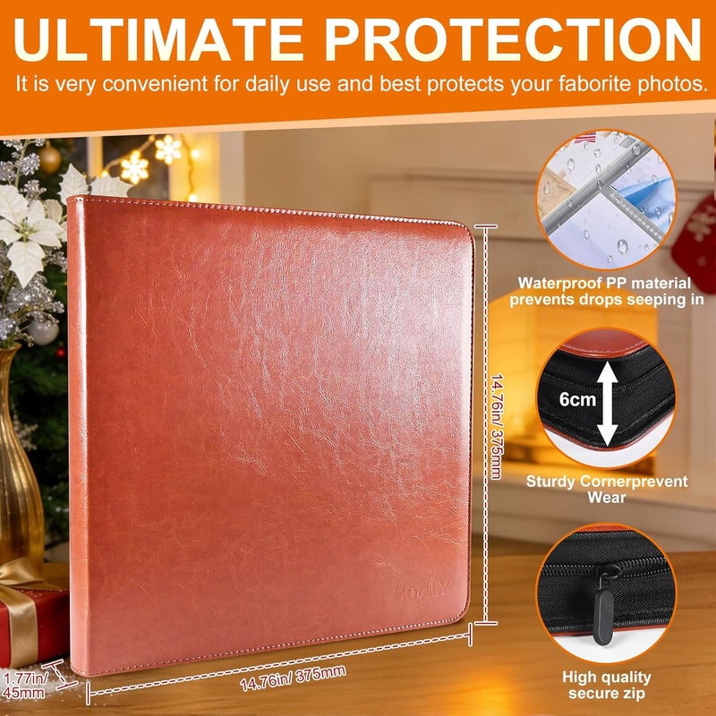 Zofly 4x6 Photo Album for 3-Ring Binder – Zippered Leather Picture Albums Kit with 20 Page Protectors, Holds 200 Mixed Layout Photos, Large Capacity Family Wedding Anniversary Baby Album Book, Brown - Image 3